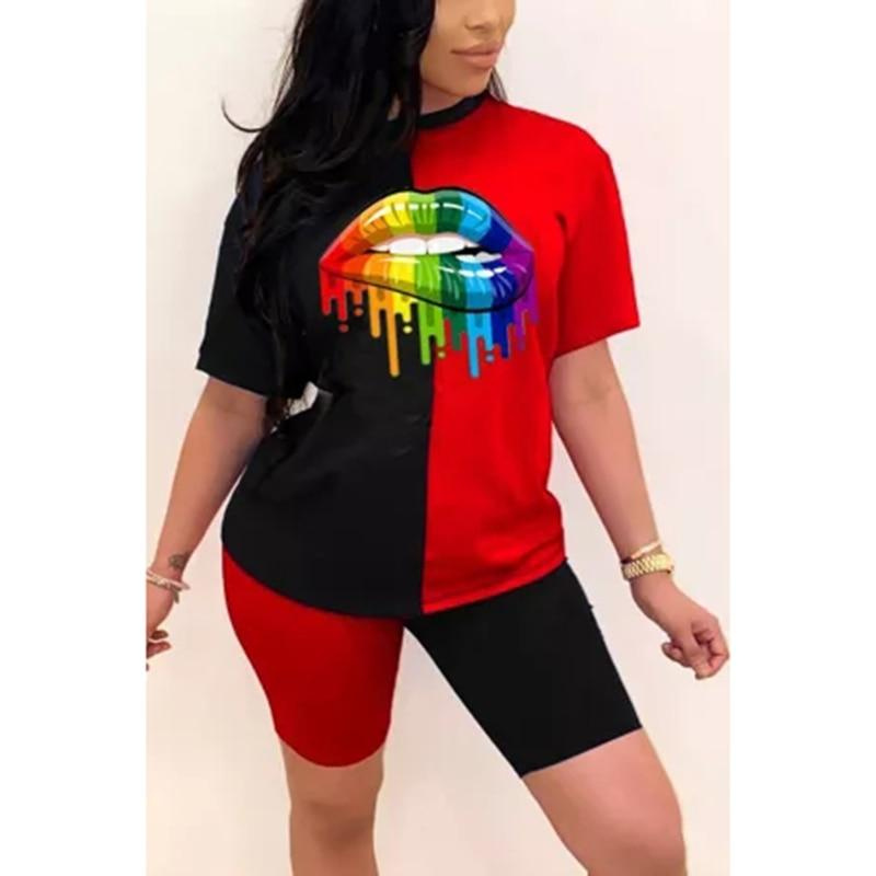 New Summer Women Fashion Rainbow Lip Print Sportswear Top and Shorts 2pc Set Ladies Casual O-Neck Pullover Short Sleeve T-Shirt